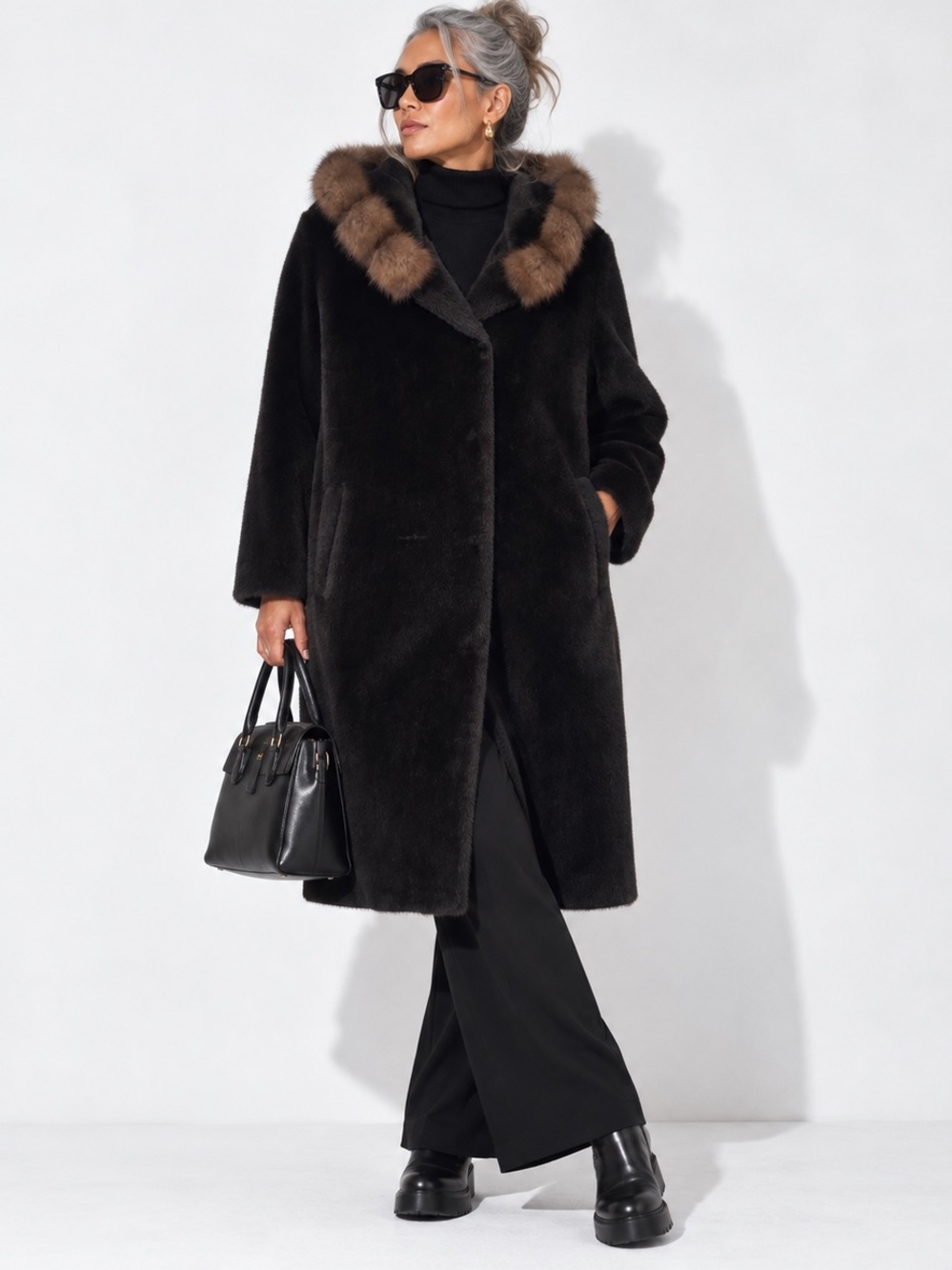 Luxury Alpaca Wool Blend Car Coat Marten Fur Trim Shawl Mock Hood  Old Money M